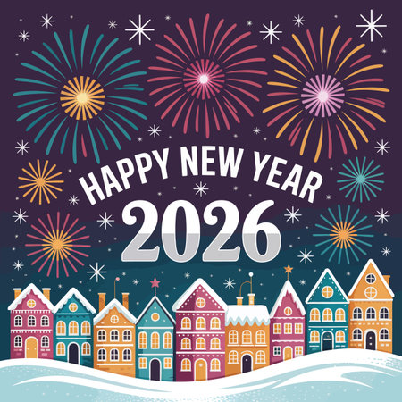 A charming illustration of a snowy village at night with fireworks and stars celebrating the New...のイラスト素材