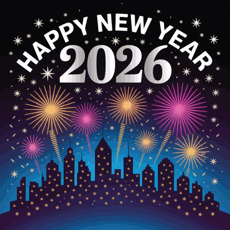 Vector skyline featuring happy new year 2026 fireworks over a blue and purple cityscape...のイラスト素材