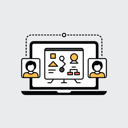 Laptop displaying a presentation with two user profile icons connected to it. Scalable vector for...のイラスト素材