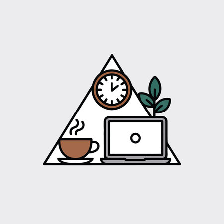 A minimalist illustration of a laptop, coffee cup, clock, and plant within a triangle.のイラスト素材