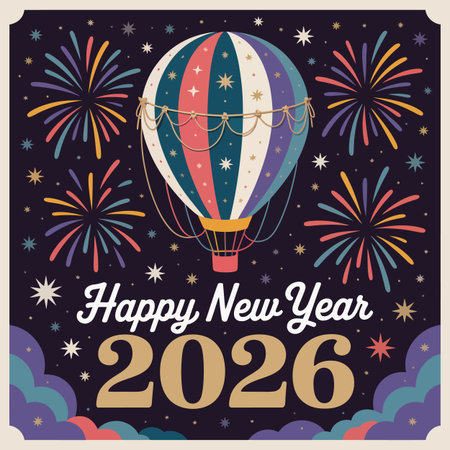 A hot air balloon floats in a starry night sky with fireworks and Happy New Year 2026 text.のイラスト素材