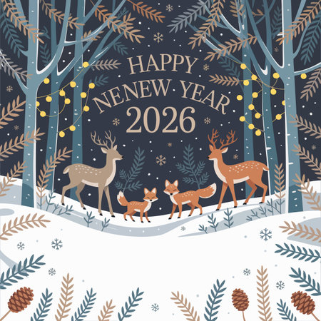 Vector year featuring happy new year 2026 forest scene with deer, foxes, and winter decorations...のイラスト素材