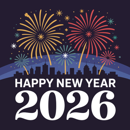 Colorful fireworks explode over a dark city skyline with Happy New Year 2026 text. Scalable vecto...のイラスト素材