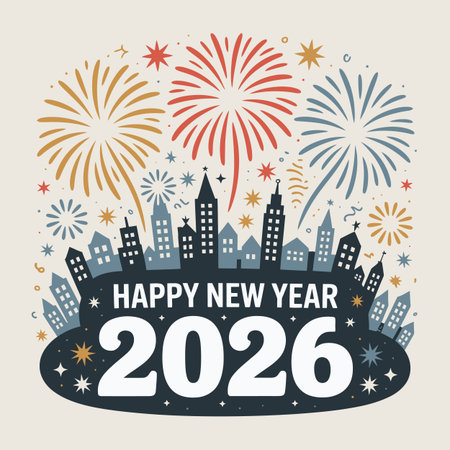 Vector skyline featuring happy new year 2026 with stylized city skyline and fireworks display...のイラスト素材