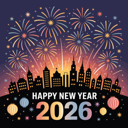 Vector skyline featuring happy new year 2026 cityscape with colorful fireworks and lanterns...のイラスト素材