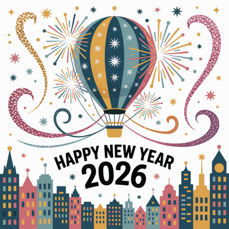 Festive illustration with a hot air balloon, fireworks, and a colorful city skyline for New Year...のイラスト素材