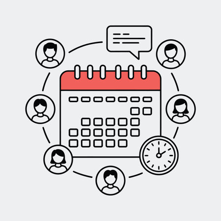 Teamwork scheduling with calendar, clock, people, and chat icons on grey backgroundのイラスト素材