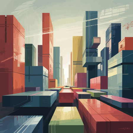 Stylized abstract cityscape featuring colorful rectangular buildings and linear pathways.のイラスト素材