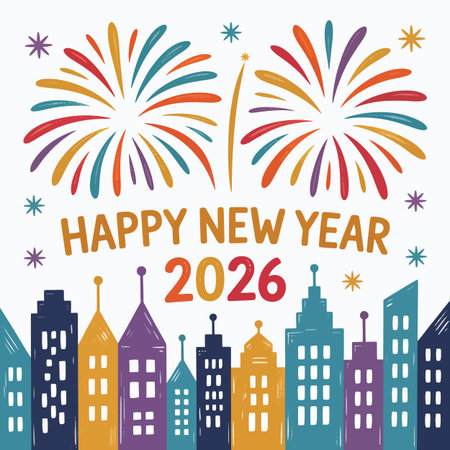 Vector skyline featuring happy new year 2026 greeting with colorful fireworks over city skyline...のイラスト素材