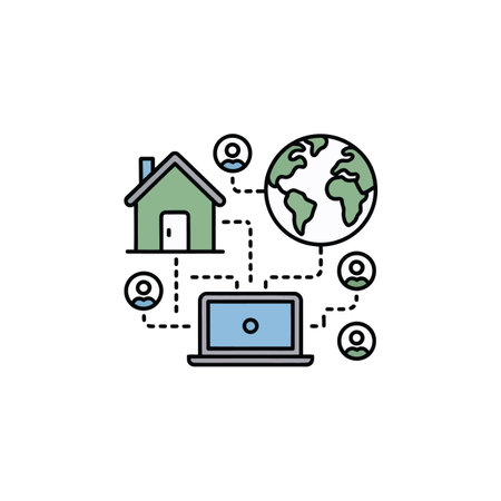 Flat illustration of remote work concept with house, laptop, earth, and people icons connected.のイラスト素材