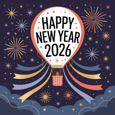 A festive illustration of a hot air balloon with "Happy New Year 2026" against a night sky...のイラスト素材