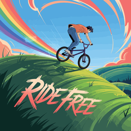 A young man on a BMX bike rides down a grassy hill with a rainbow in the sky. Scalable vector for...のイラスト素材