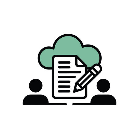 Two people icons flank a document with a pencil and cloud icon on white background Scalable vecto...のイラスト素材