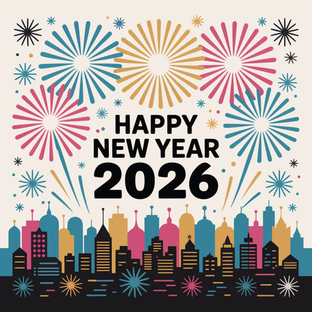 Vector urban featuring happy new year 2026 with geometric cityscape and colorful fireworks...のイラスト素材