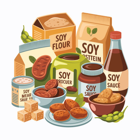 Vector variety featuring assortment of soy products including flour, protein, sauce, and meat...のイラスト素材