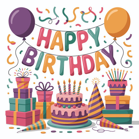 Vector scene featuring birthday party scene with balloons gifts cake and confetti keywords:...のイラスト素材
