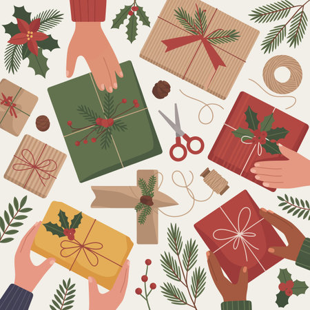 Hands exchanging and wrapping Christmas gifts with festive decorations and tools Scalable vector ...のイラスト素材