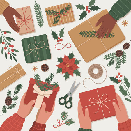 Hands are busy wrapping Christmas gifts with festive decorations and pinecones. Scalable vector f...のイラスト素材