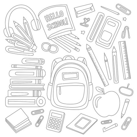 A black and white outline illustration of school supplies and stationery items, suitable for...のイラスト素材