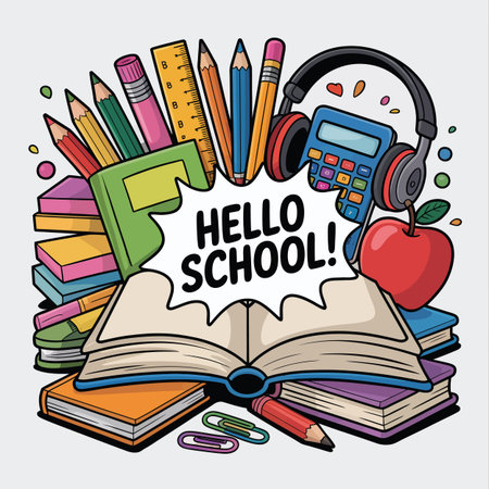 Colorful doodle art of school supplies with an open book and a Hello School! speech bubble.
