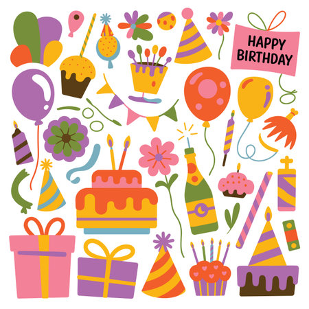 A cheerful collection of birthday party elements including cakes balloons gifts and festive...のイラスト素材