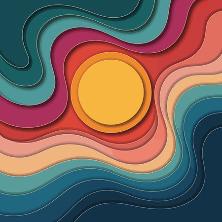 Abstract colorful wavy layers with a central yellow circle and a paper cut effect. Scalable vecto...のイラスト素材