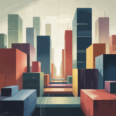 Abstract geometric cityscape with colorful block buildings and a receding street perspective.のイラスト素材