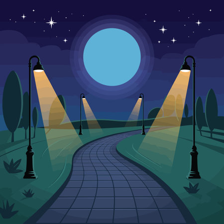 A paved park path is lit by streetlights under a large moon and starry sky. Scalable vector forma...のイラスト素材