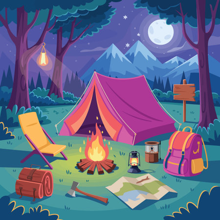 A nighttime camping scene with a tent, campfire, backpack, and various camping gearのイラスト素材
