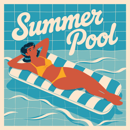 Woman in yellow bikini on inflatable mattress in tiled swimming pool with summer textのイラスト素材