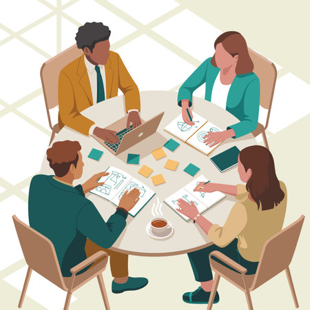 A top-down view of a business meeting where four people discuss charts and graphs around a table.のイラスト素材