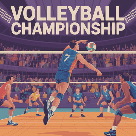 Volleyball championship match in stadium with players jumping and hitting ball, crowd watchingのイラスト素材