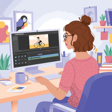 Woman at desk editing video on computer surrounded by artwork and plants Scalable vector format s...のイラスト素材