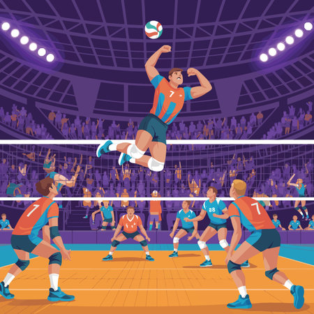 Volleyball players are captured mid-air during a competitive indoor match with a cheering crowd.のイラスト素材