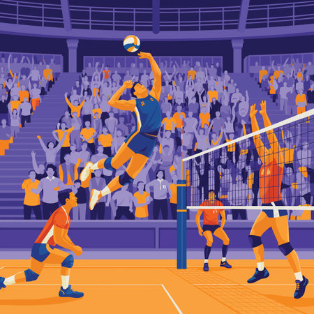 Vector spike featuring volleyball players in action during a match with cheering crowd keywords:...のイラスト素材