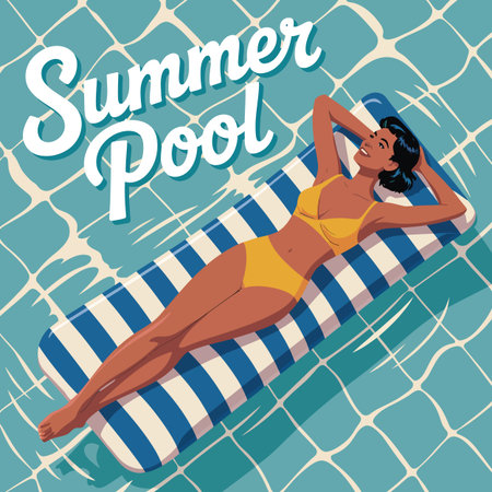 Woman in yellow bikini on inflatable mattress in a tiled swimming pool Scalable vector format sui...のイラスト素材