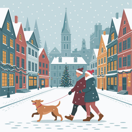 A couple and their dog walk through a snowy town square with a decorated Christmas tree.のイラスト素材