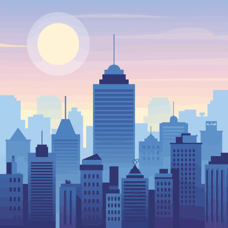Blue toned cityscape with tall buildings and a soft sun in a pastel colored sky Scalable vector f...のイラスト素材