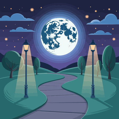 A couple walks their dog down a snowy street lined with decorated buildings and trees.のイラスト素材