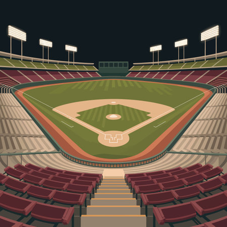 An empty baseball stadium at night, illuminated by stadium lights, with a view of the field and...のイラスト素材