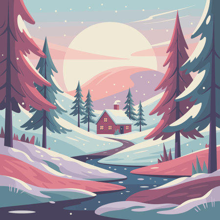 Cozy red cabin in snowy winter landscape with pine trees, river, and soft sunset skyのイラスト素材