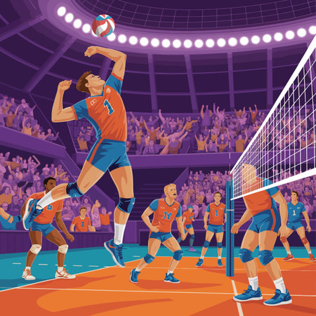 Athletes play a dynamic volleyball match in a crowded stadium with a player spiking the ball.のイラスト素材