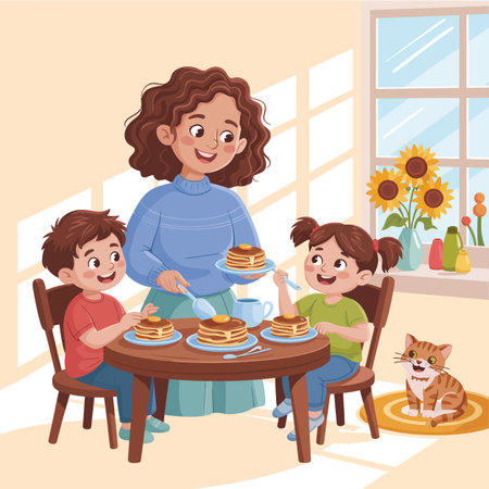 Mother serving pancakes to children at a table with a cat nearby Scalable vector format suitable ...のイラスト素材