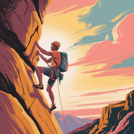 Man climbs a sheer rock face with a backpack and helmet against a vibrant sunset sky.のイラスト素材