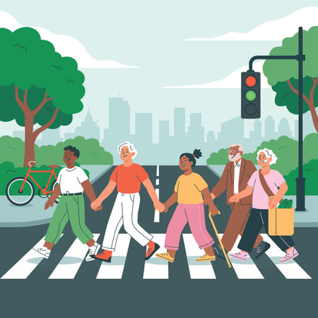 Diverse group of people holding hands walk across a city crosswalk with a traffic light.のイラスト素材