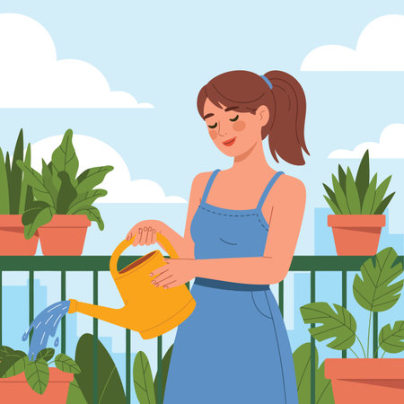 Vector buildings featuring woman watering plants on a balcony with city buildings in the...のイラスト素材