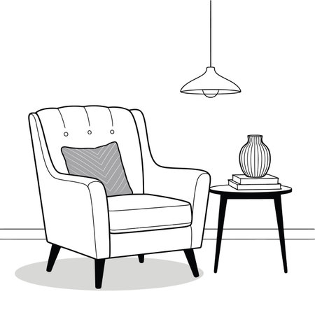A line drawing of a tufted armchair with a side table holding a vase and books. Scalable vector f...のイラスト素材