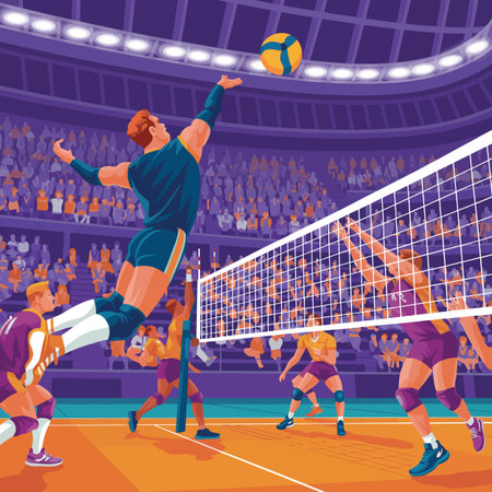 Intense volleyball game with players spiking and blocking at the net in a stadium Scalable vector...のイラスト素材