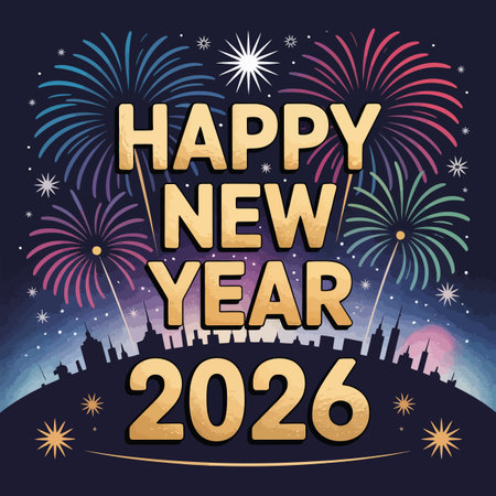 A festive New Year 2026 greeting with golden text and colorful fireworks over a city skyline.のイラスト素材