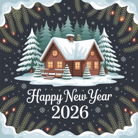 Happy New Year 2026 greeting card featuring a snow-covered cabin in a winter forest.のイラスト素材
